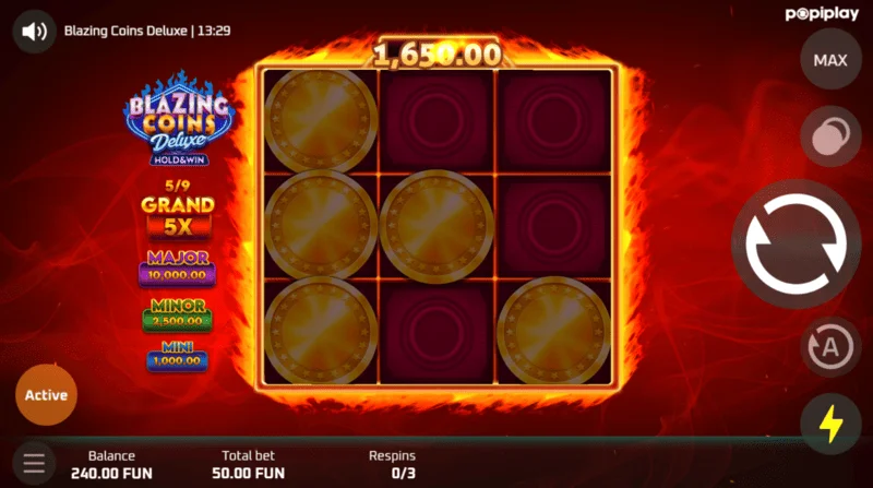 Blazing Coins Deluxe pantalla de juego respin